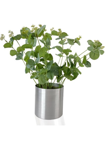 Yapay Çiçek Okaliptus Gümüş Metal Saksılı Dekoratif Süs Çiçeği