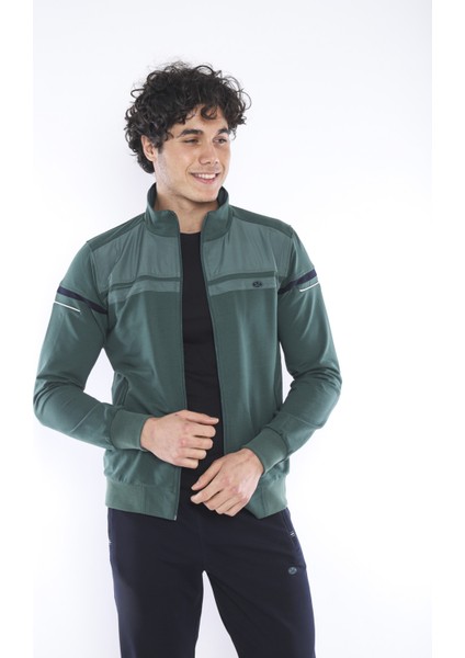 Erkek Spor, 4 Cepli, Dik Yaka, 4 Mevsim, Süper 2 İplik Koyu Yeşil Eşofman Takımı - 5876