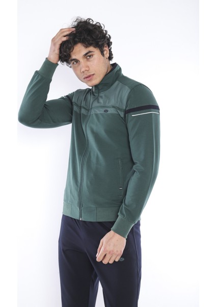 Erkek Spor, 4 Cepli, Dik Yaka, 4 Mevsim, Süper 2 İplik Koyu Yeşil Eşofman Takımı - 5876