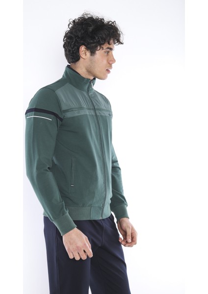 Erkek Spor, 4 Cepli, Dik Yaka, 4 Mevsim, Süper 2 İplik Koyu Yeşil Eşofman Takımı - 5876