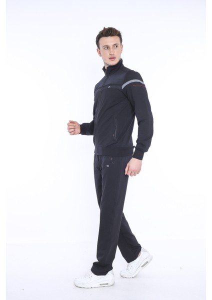 Erkek Spor, 4 Cepli, Dik Yaka, 4 Mevsim, Süper 2 İplik Siyah Eşofman Takımı - 5876