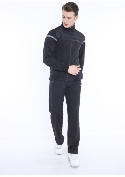 Erkek Spor, 4 Cepli, Dik Yaka, 4 Mevsim, Süper 2 İplik Siyah Eşofman Takımı - 5876