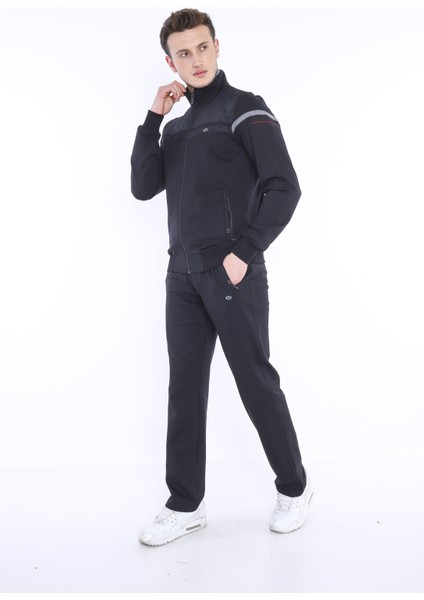 Erkek Spor, 4 Cepli, Dik Yaka, 4 Mevsim, Süper 2 İplik Siyah Eşofman Takımı - 5876
