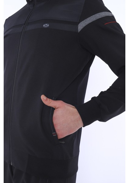 Erkek Spor, 4 Cepli, Dik Yaka, 4 Mevsim, Süper 2 İplik Siyah Eşofman Takımı - 5876