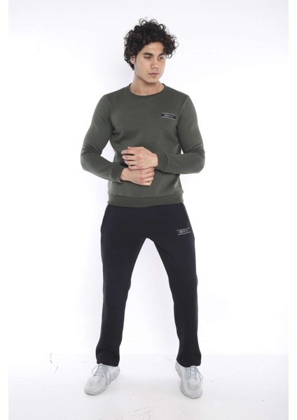 Erkek Spor Haki Kışlık Sweatshirt Takım, 3 İplik (İçi Şardonlu) Kumaş - A3053