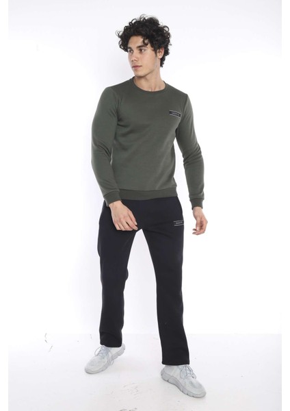 Erkek Spor Haki Kışlık Sweatshirt Takım, 3 İplik (İçi Şardonlu) Kumaş - A3053
