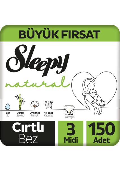 Natural Büyük Fırsat Paketi Bebek Bezi 3 Numara Midi 150 Adet