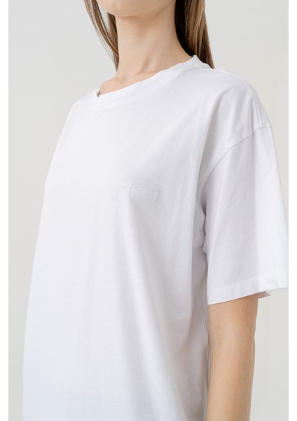 Nakış Detaylı %100 Pamuk Oversize Tshirt 1095