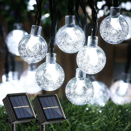 Lighthome 50 LED 7 Metre Kristal Beyaz Renk Güneş Enerjili Solar Bahçe Teras Balkon Ağaç Lambası Aydınlatması