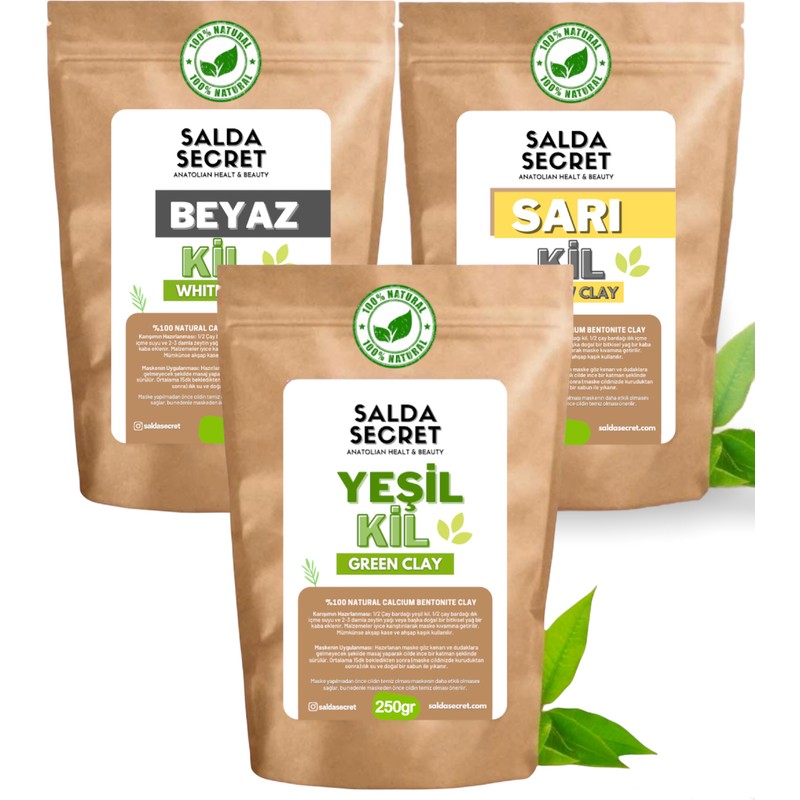 Salda Secret Yeşil Kil 250 gr + Beyaz Kil 250 gr + Sarı Kil 250 gr - Doğal Yüz Maskesi Toz