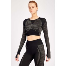 Maraton Siyah Kadın Dokulu Seamless Dikişsiz Uzun Kollu Crop Top