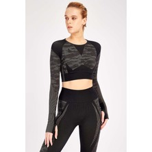 Maraton Siyah Kadın Dokulu Seamless Dikişsiz Uzun Kollu Crop Top