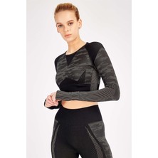 Maraton Siyah Kadın Dokulu Seamless Dikişsiz Uzun Kollu Crop Top