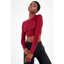 Maraton Koyu Kırmızı Kadın Seamless Dikişsiz Uzun Kollu Crop Top