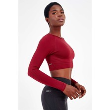 Maraton Koyu Kırmızı Kadın Seamless Dikişsiz Uzun Kollu Crop Top