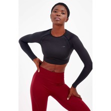 Maraton Siyah Kadın Seamless Dikişsiz Uzun Kollu Crop Top