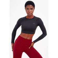 Maraton Siyah Kadın Seamless Dikişsiz Uzun Kollu Crop Top