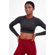 Maraton Siyah Kadın Seamless Dikişsiz Uzun Kollu Crop Top