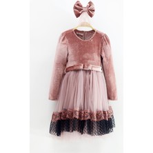 Asortik Kız Çocuk Kadife Kumaş Tül Detaylı Diz Boyu Tokalı Elbise-ELB-0003