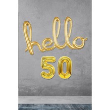Pekshop 50 Yaş Doğum Günü Balonları - Hello 50 El Yazısı Gold Renk Folyo Balon
