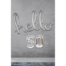 Pekshop 50 Yaş Doğum Günü Balonları - Hello 50 El Yazısı Gümüş Renk Folyo Balon