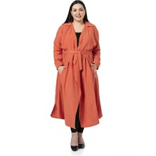 Disentis Modest Büyük Beden Apoletli Yanları Yırtmaçlı Kuşaklı Uzun Coral Ceket