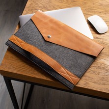 DK LEATHER Macbook Pro 13 Inc/ Macbook Air 13.3 Inc / Surface Kılıf Çanta Bergama Taba - Gri Deri ve Keçe