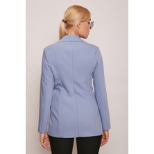 Jument Blazer Düğmeli Uzun Kol Şık Süs Cepli Ofis Ceket-Dirty Blue