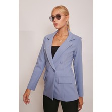 Jument Blazer Düğmeli Uzun Kol Şık Süs Cepli Ofis Ceket-Dirty Blue