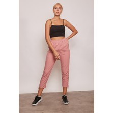 Jument Iç Göstermez Viskon Poplin Beli Lastikli Cepli Paçası Büzgülü Rahat Pantolon-Soft Rose