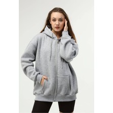 Met Gri Kapüşonlu Fermuarlı Oversize Şardonlu Örme Sweatshirt