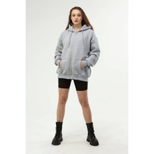 Met Gri Kapüşonlu Fermuarlı Oversize Şardonlu Örme Sweatshirt