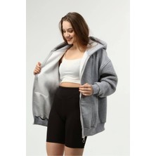 Met Gri Kapüşonlu Fermuarlı Oversize Şardonlu Örme Sweatshirt