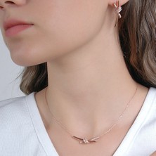 Qielle 925 Ayar Gümüş Knot Beyaz Zirkon Taşlı Rose Kolye- Küpe Set