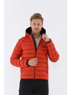 Maraton Sportswear Regular Erkek Kapşonlu  Uzun Kol Basic Kiremit-Siyah Mont 19094