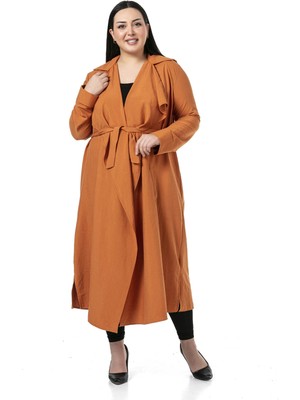 Disentis Modest Büyük Beden Apoletli Yanları Yırtmaçlı Kuşaklı Uzun Kiremit Ceket