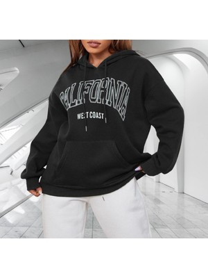 Amor Woman Kapüşonlu Calıfornıa Göğüs Baskılı Çok Kalın Oversize Yeni Stil Kadın Sweatshirt