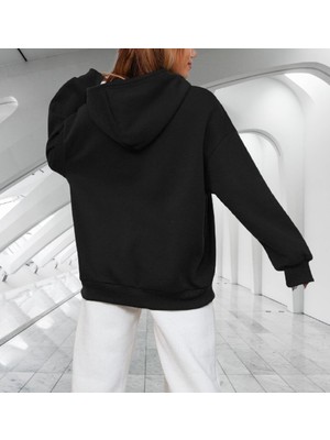 Amor Woman Kapüşonlu Calıfornıa Göğüs Baskılı Çok Kalın Oversize Yeni Stil Kadın Sweatshirt