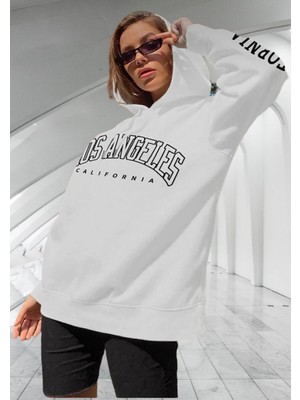 Amor Woman Kapüşonlu Calıfornıa Los Angeles Baskılı Tam Kışlık Oversize Kadın Trend Sweatshirt