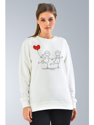 Maymuun Design Sevgililer Günü Aşık Stickman ve Kalp Balon Temalı Baskılı Sweatshirt