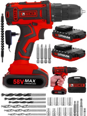 Steiner Germany Technology Cooper 58 V 5 Ah Darbeli Metal Şanzıman Şarjlı Çift Akülü Vidalama Matkap Kırmızı + Set