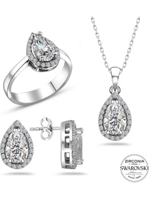 Pigado Swarovski Taşlı Damla Gümüş Kolye Küpe Yüzük Set Sertifika