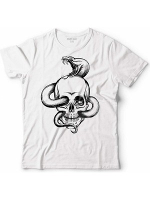 Kendim Seçtim Snake And Skull Kuru Kafa Kobra Yılan Skeleton Erkek Tişört