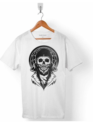 Kendim Seçtim Creepy Skull Wearıng Helmet Kuru Kafa Cafe Racer Erkek Tişört