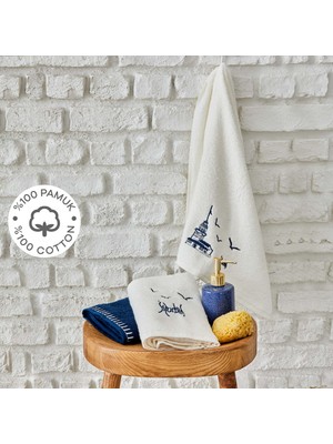 Karaca Home Kız Kulesi İndigo %100 Pamuk 3 Parça Nakışlı Havlu Set 30x50 cm