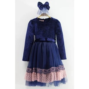 Asortik Kız Çocuk Kadife Kumaş Tül Detaylı Diz Boyu Tokalı Elbise-ELB-0003