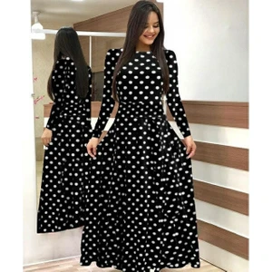 Krep Kumaş Uzun Kollu Tam Boy Puantiyeli Elbise 132 cm