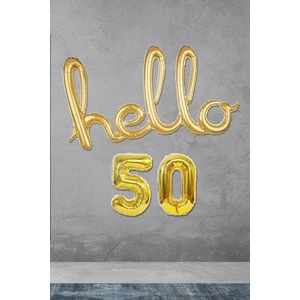 50 Yaş Doğum Günü Balonları - Hello 50 El Yazısı Gold Renk Folyo Balon