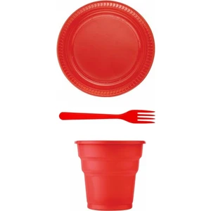 Boncuk Avm Kırmızı Plastik Tabak Çatak Bardak Seti 75 Parça