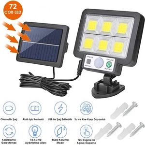 6gözlü 72COB Ledli Solar Usbli Bahçe Aydınlatma Hareket Sensörlü Güneş Enerjili Lamba